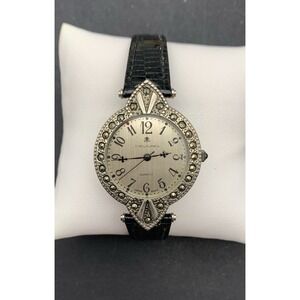 Vintage Dejuno Watch Womens Silver Tone Marcasite Black Leather Needs Battery